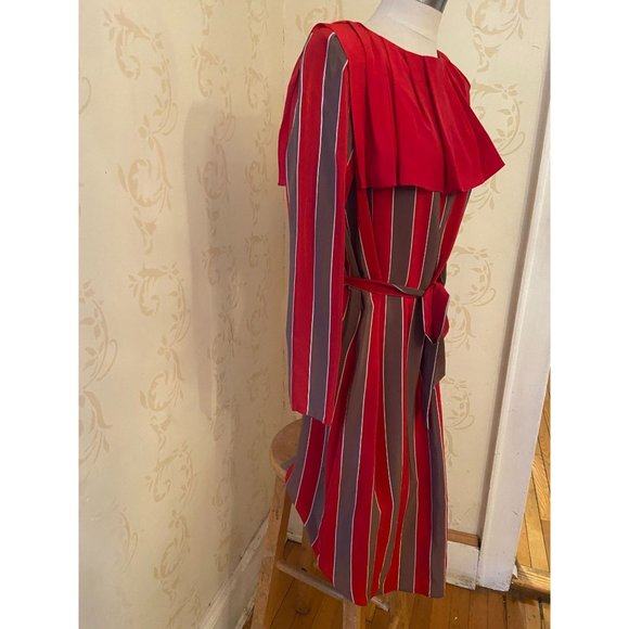 Vintge Ladies Size 14 Bonwit Teller 100% Silk Stripe Belted Dress - Picture 2 of 4